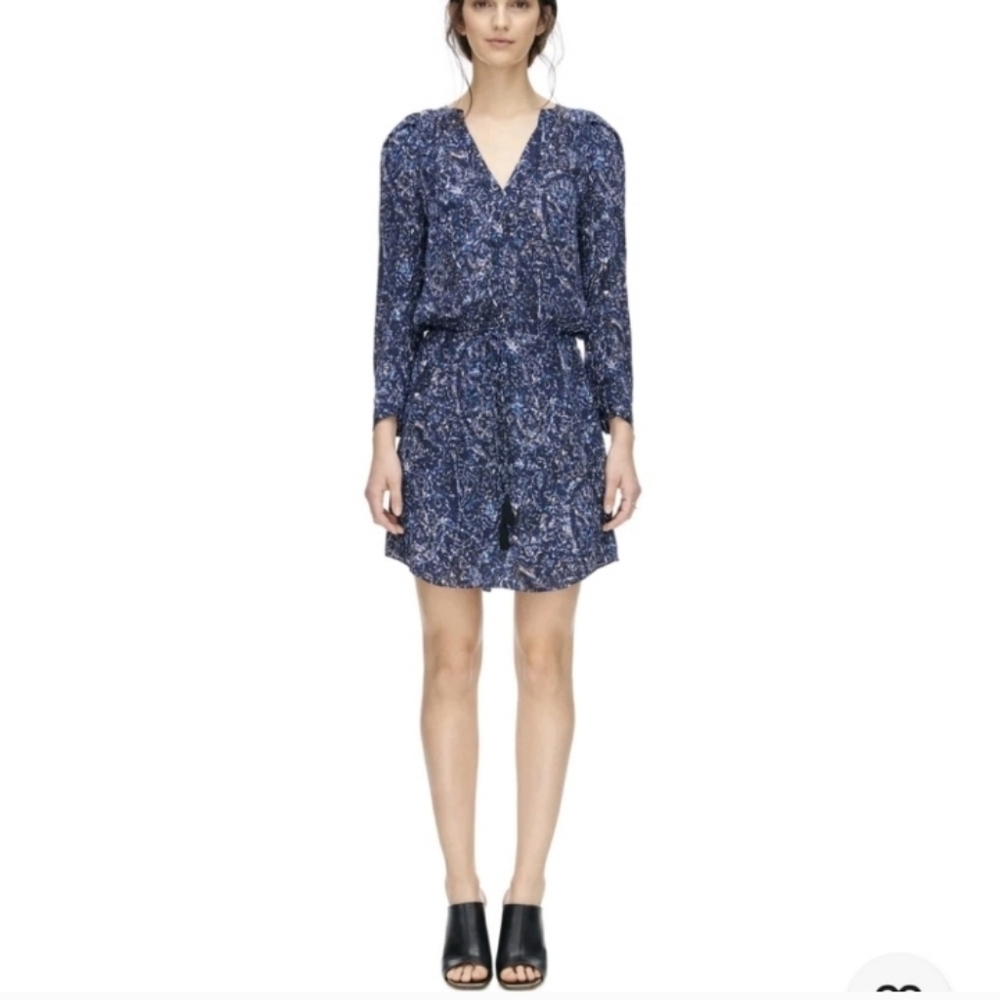 Rebecca Taylor Blue Flock Print 100% Silk Long Sleeve Dress